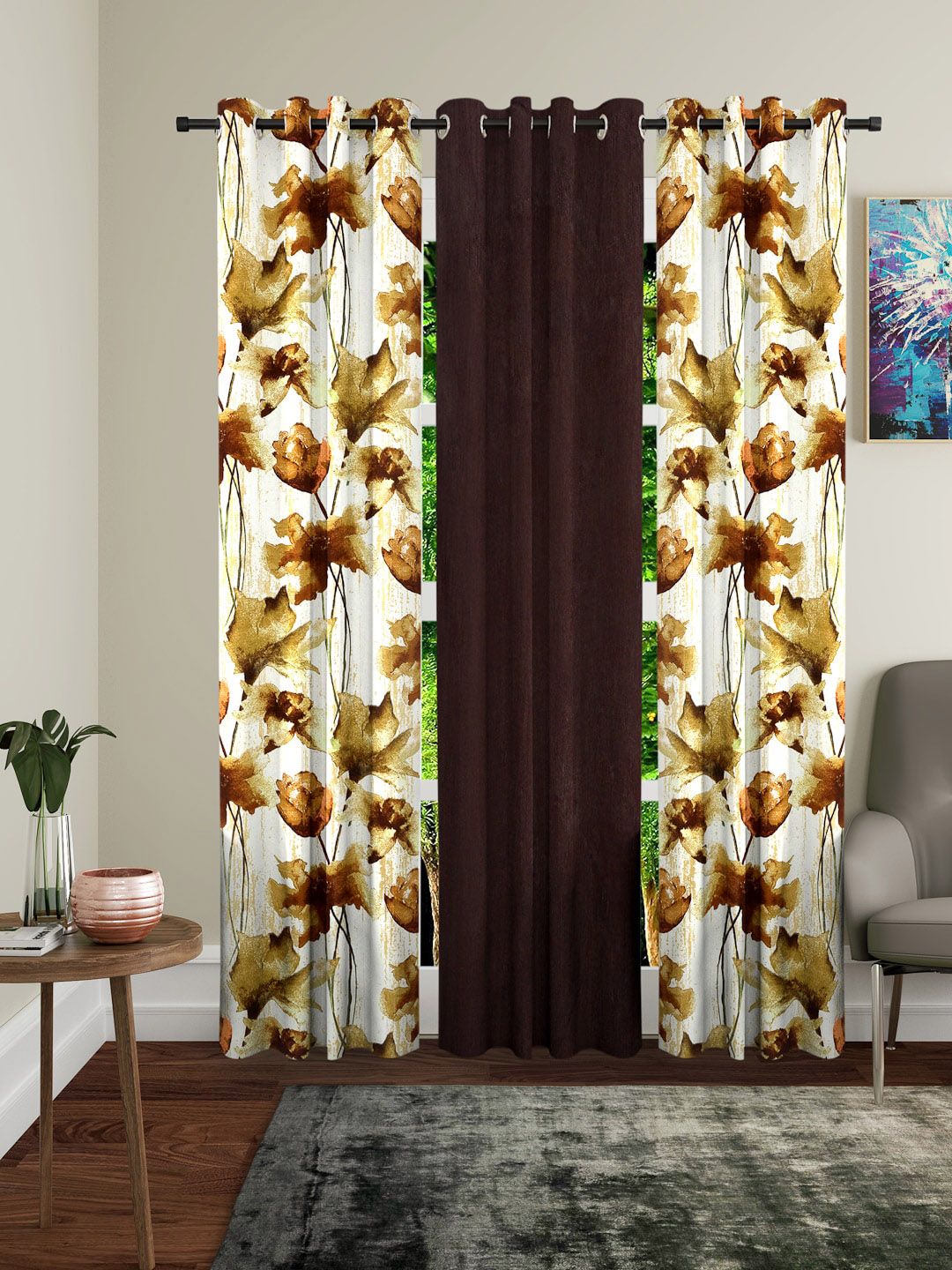 Home Sizzler Brown & Olive Green Set of 3 Curtains Price in India