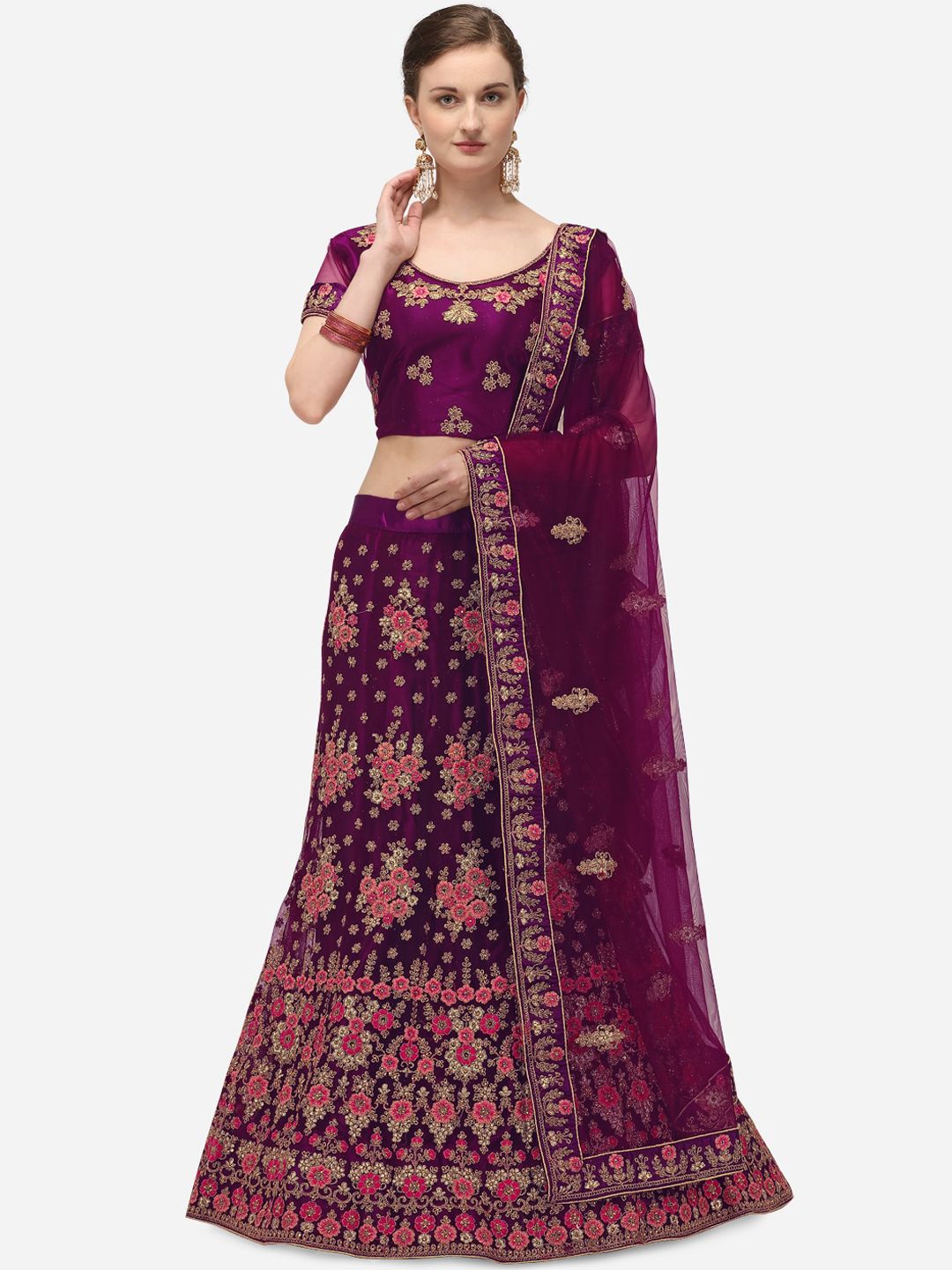 Netram Purple & Pink Embroidered Semi Stitched Lehenga & Blouse with Dupatta Price in India