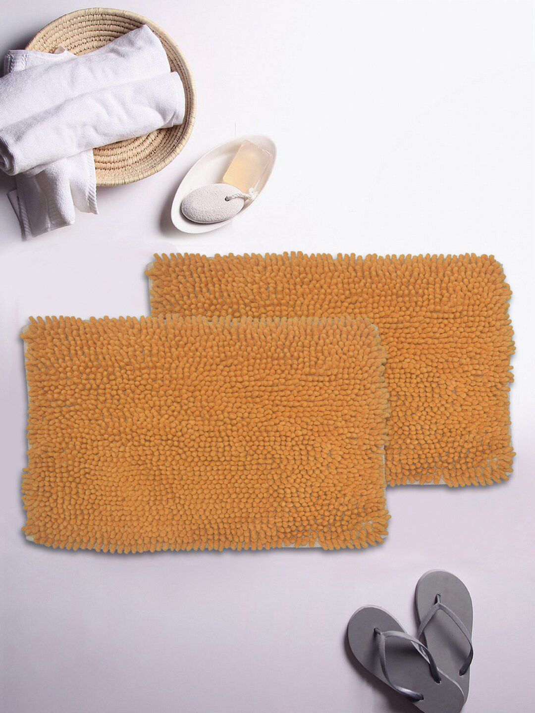 BIANCA Set Of 2 Yellow Mushroom Textured Shaggy Anti-Skid Bath Rugs Price in India