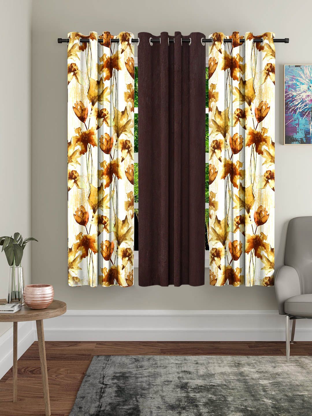Home Sizzler Brown Set of 3 Floral Printed Window Curtains Price in India