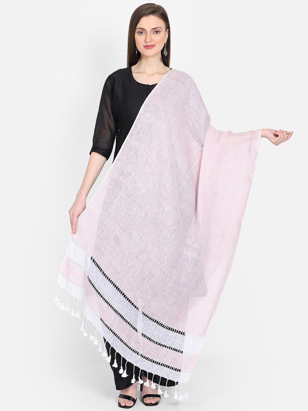 THE WEAVE TRAVELLER Pink & White Solid Linen Dupatta Price in India