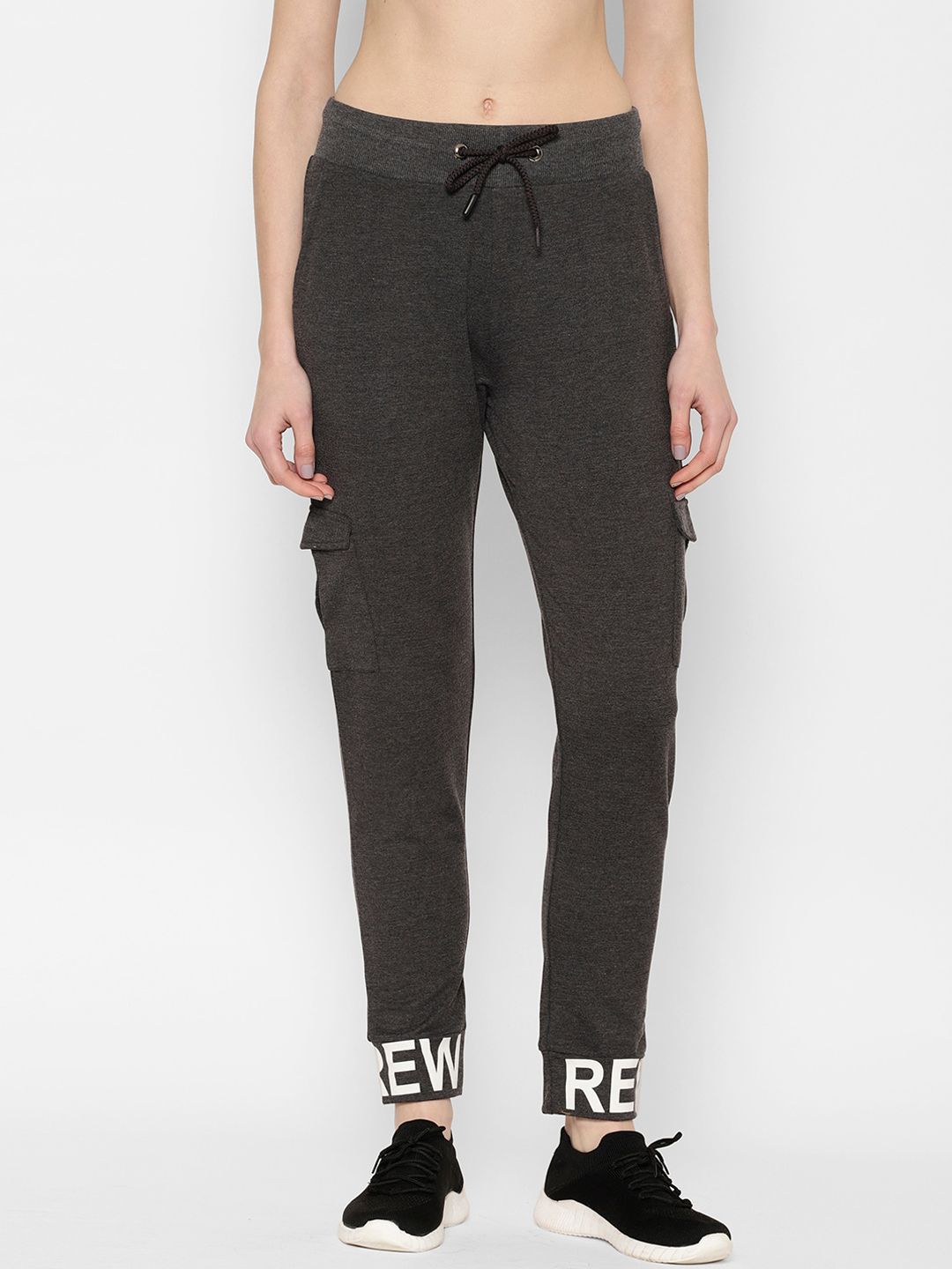 SAPPER Women Charcoal Grey & White Printed Slim-Fit Joggers Price in India