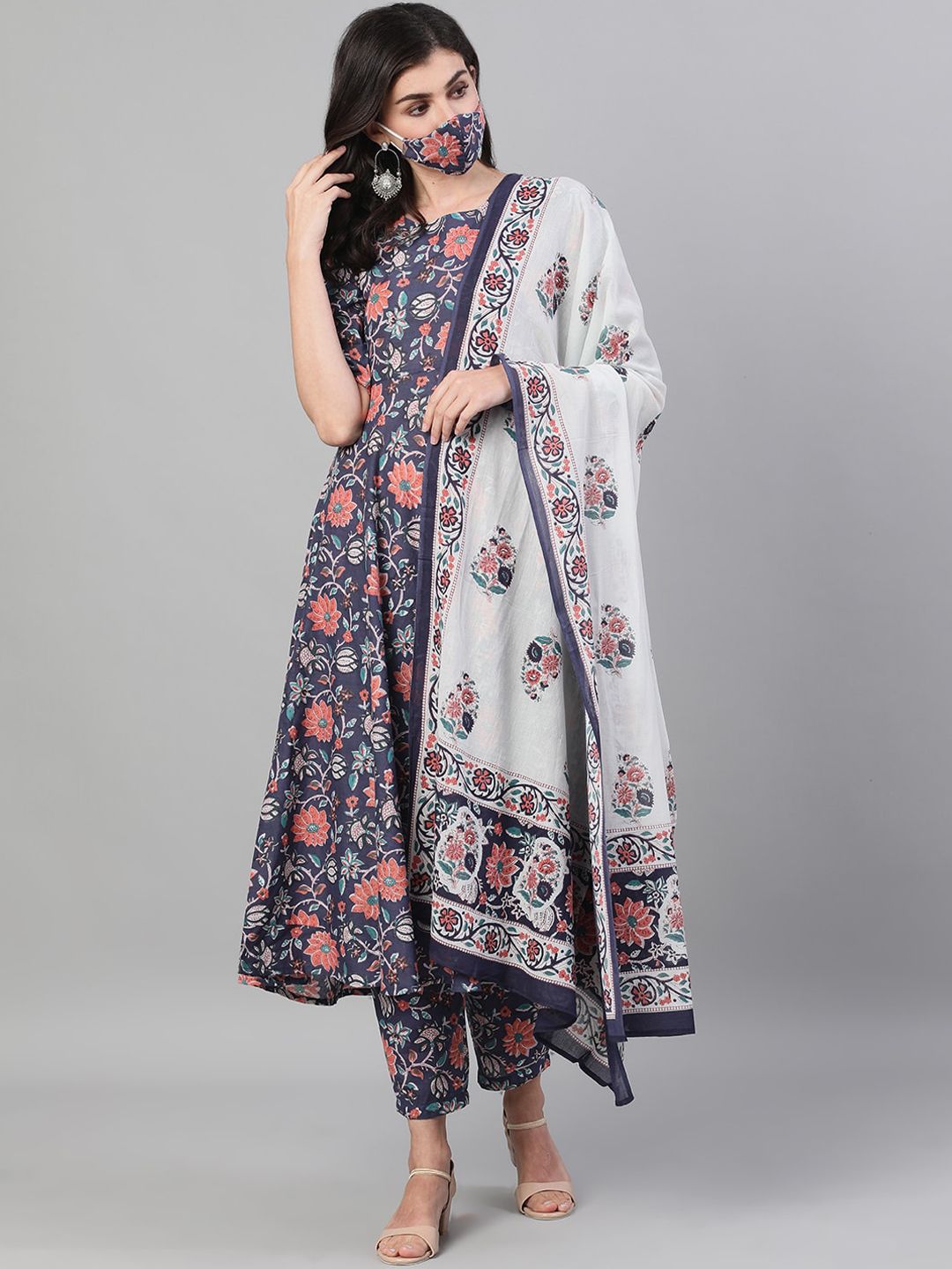 Nayo Women Blue Floral Printed Kurta with Trousers & Dupatta