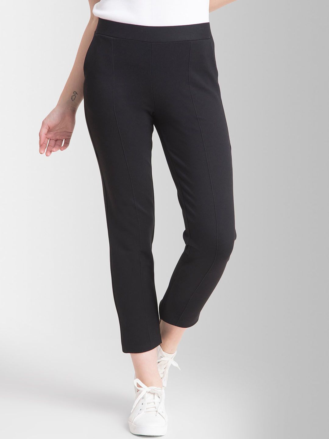 FableStreet Women Black Straight Fit Trousers Price in India