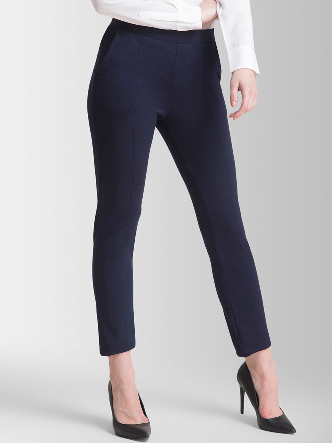 FableStreet Women Navy Blue Straight Fit Solid Regular Trousers Price in India