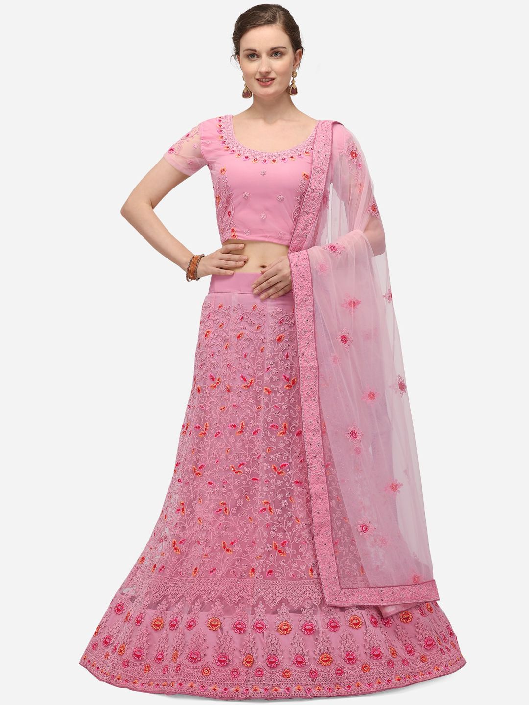 Netram Pink & Orange Embroidered Semi Stitched Lehenga & Blouse with Dupatta