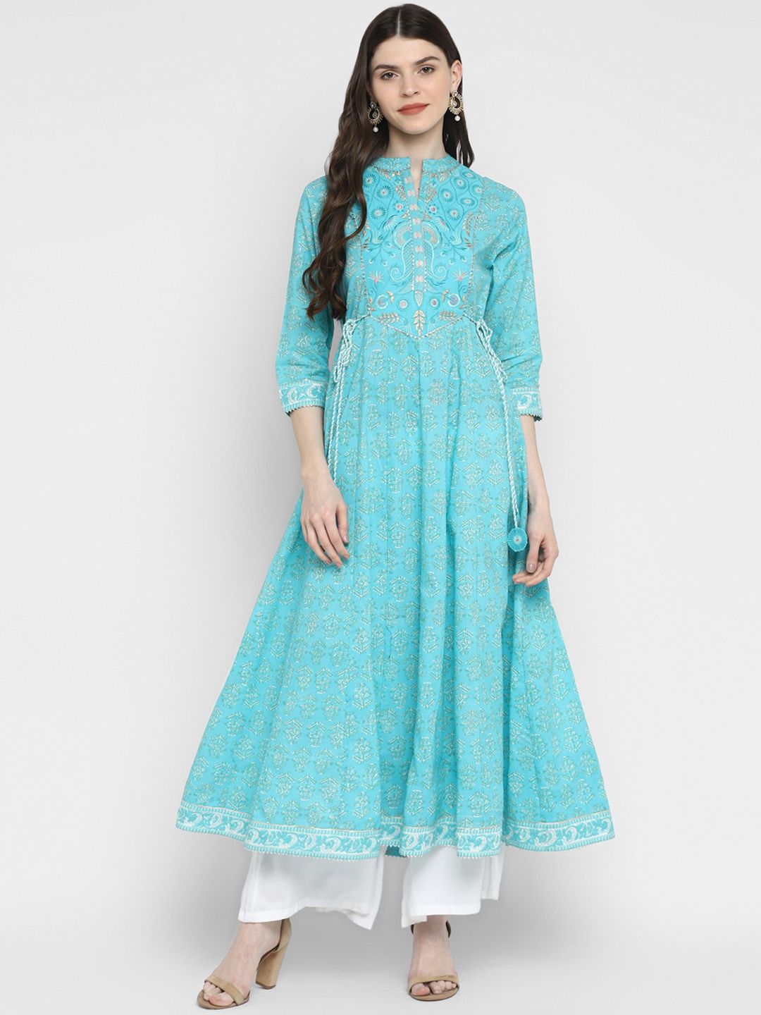 Vbuyz Women Turquoise Blue Ethnic Motifs Printed Thread Work Kurta Price in India