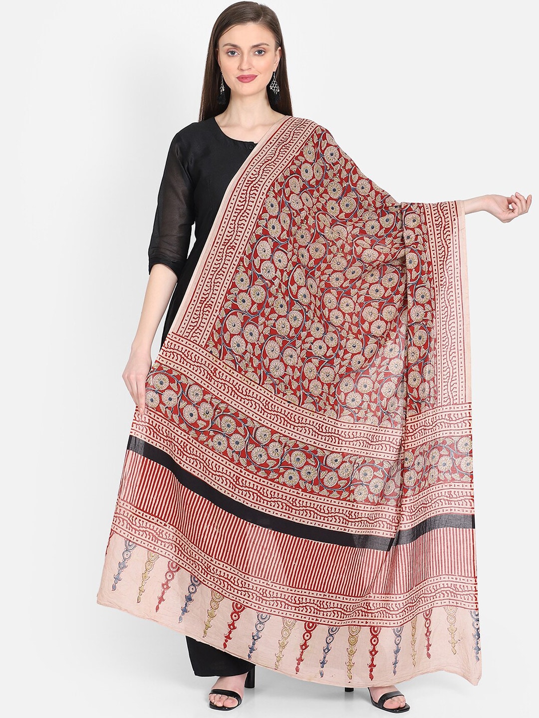 THE WEAVE TRAVELLER Women Maroon & Teal Printed Sustainable Dupatta Price in India