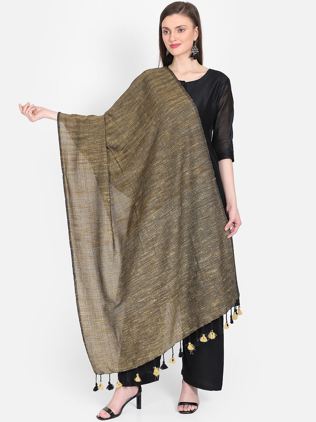 THE WEAVE TRAVELLER Brown & Yellow Woven Design Dupatta Price in India