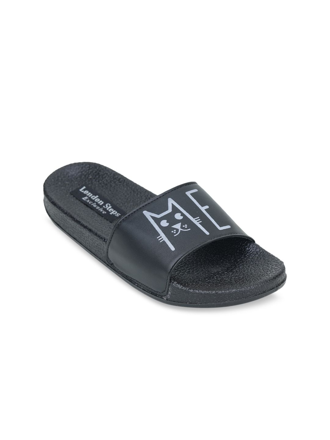 LONDON STEPS Women Black & White Printed Sliders Price in India