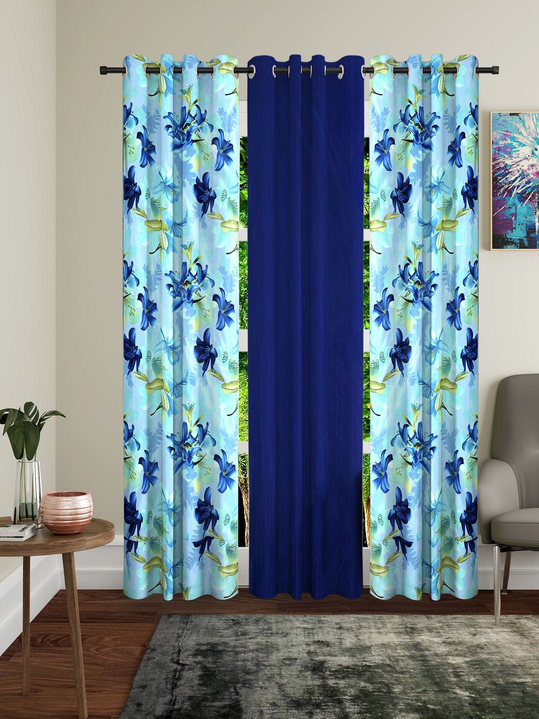 Home Sizzler Navy Blue & Sea Green Set of 3 Door Curtains Price in India