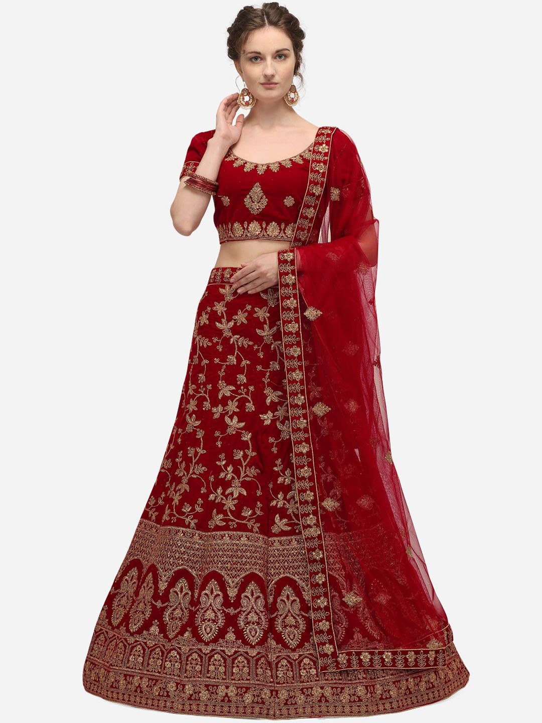 Netram Maroon & Gold-Toned Embroidered Unstitched Lehenga & Blouse with Dupatta Price in India