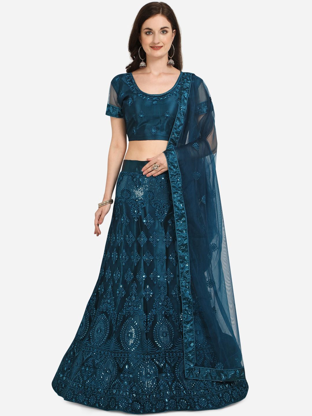 Netram Teal Embroidered Semi Stitched Lehenga & Blouse with Dupatta Price in India