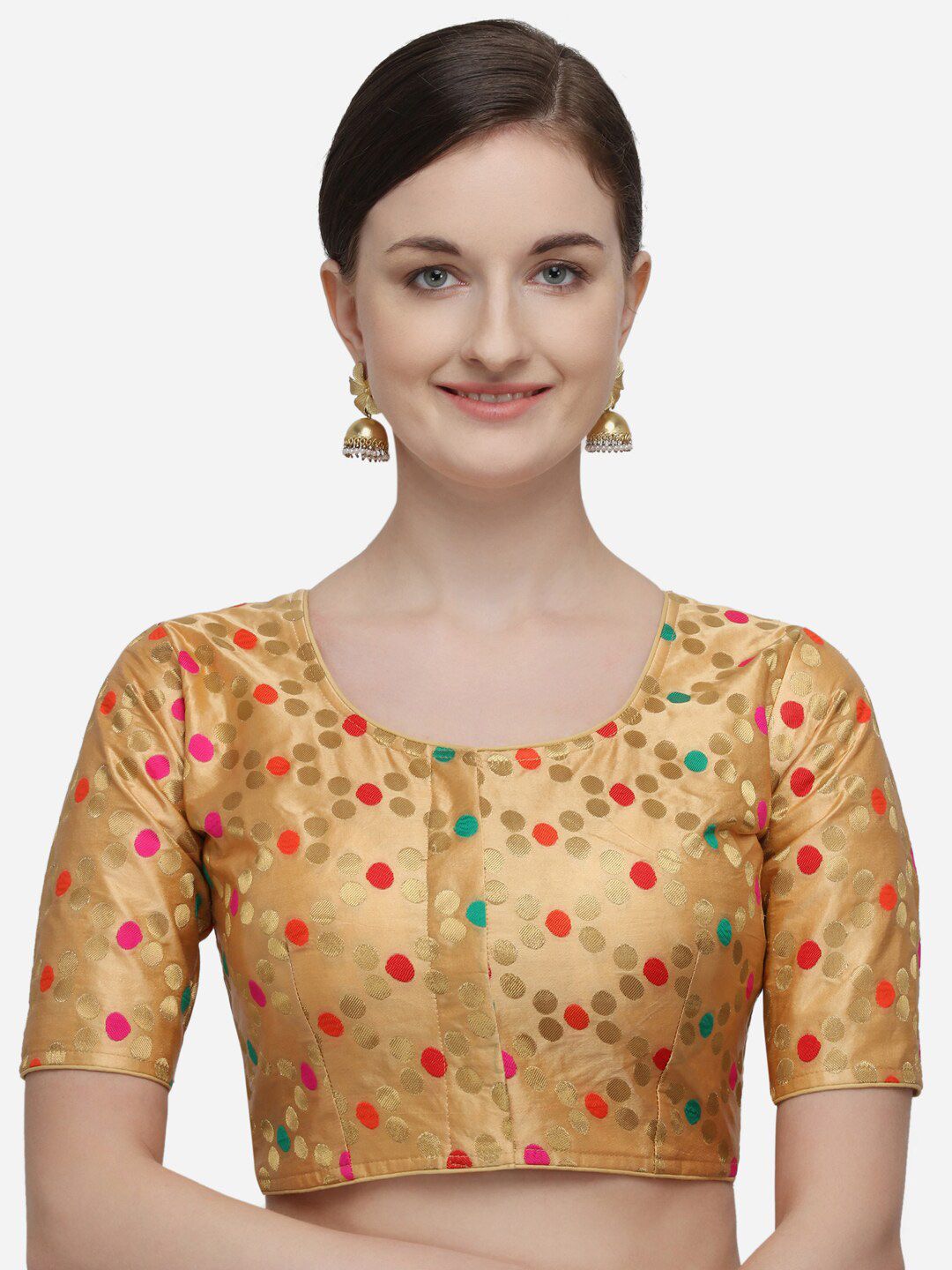 Fab Dadu Women Gold-Coloured & Red Jacquard Woven Design Readymade Saree Blouse Price in India