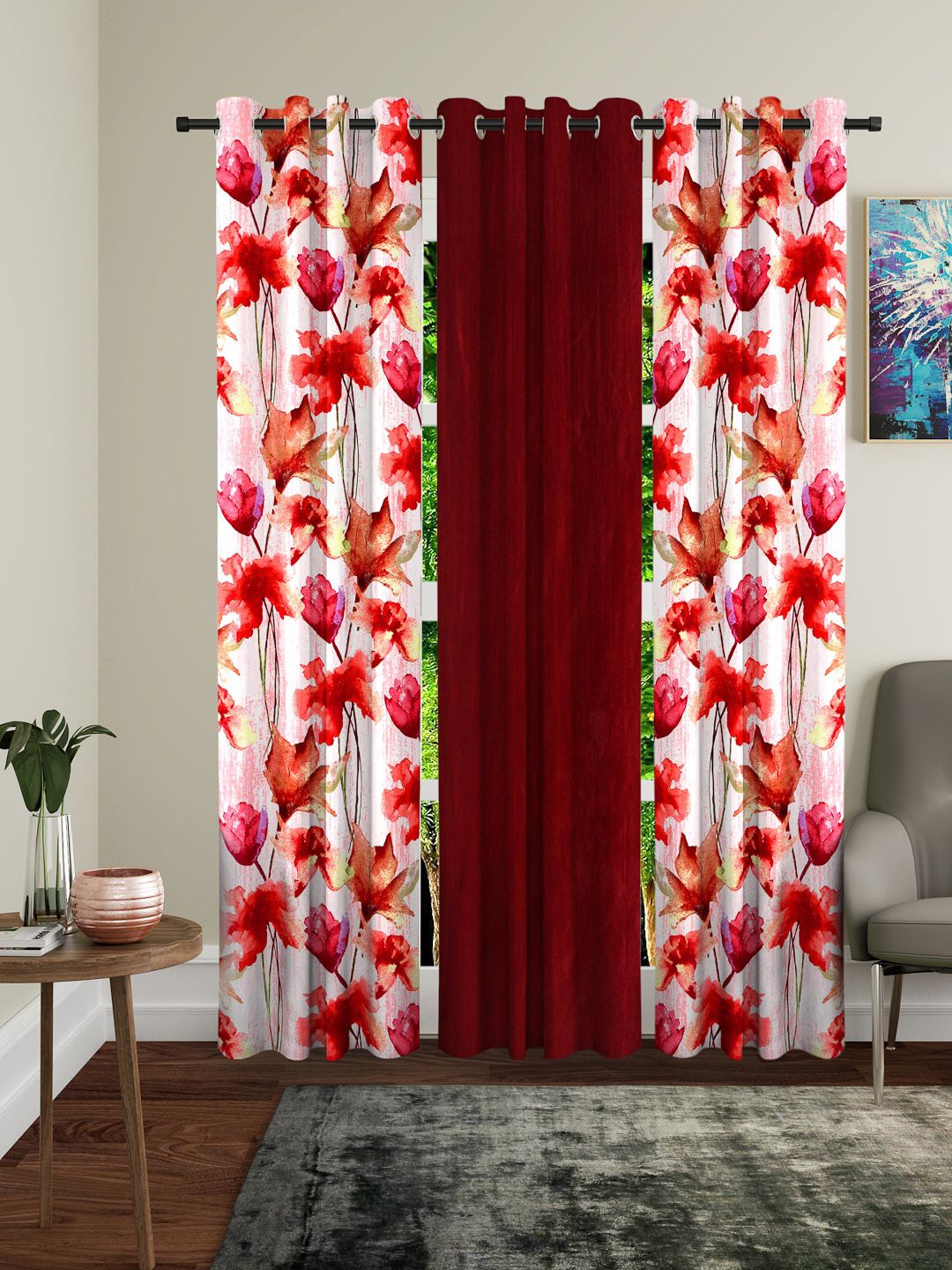 Home Sizzler Maroon & White Set of 3 Door Curtains Price in India