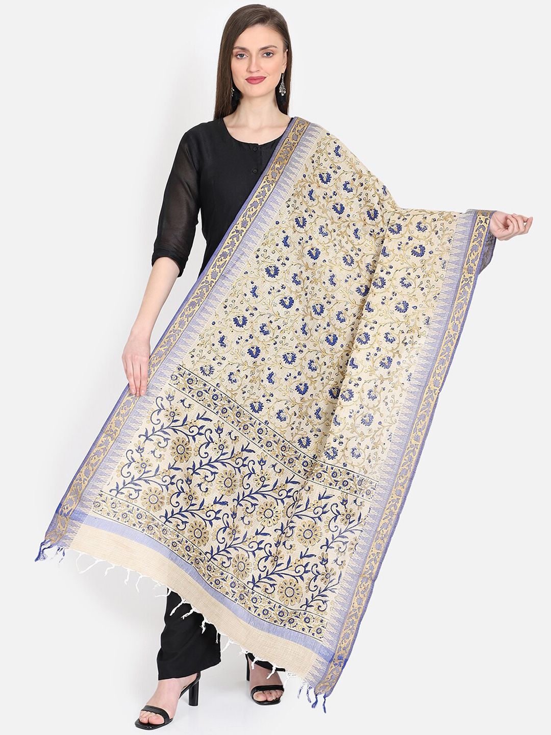 THE WEAVE TRAVELLER Beige & Blue Printed Dupatta Price in India