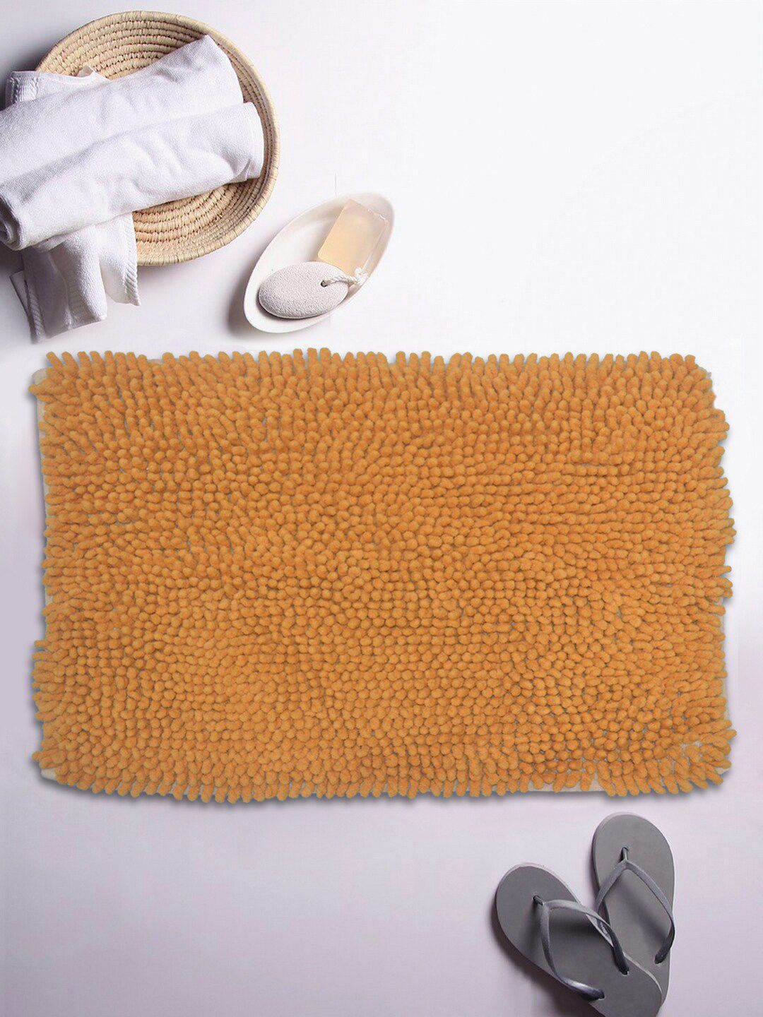 BIANCA Yellow Mushroom Textured Shaggy Anti-Skid Bath Rug Price in India
