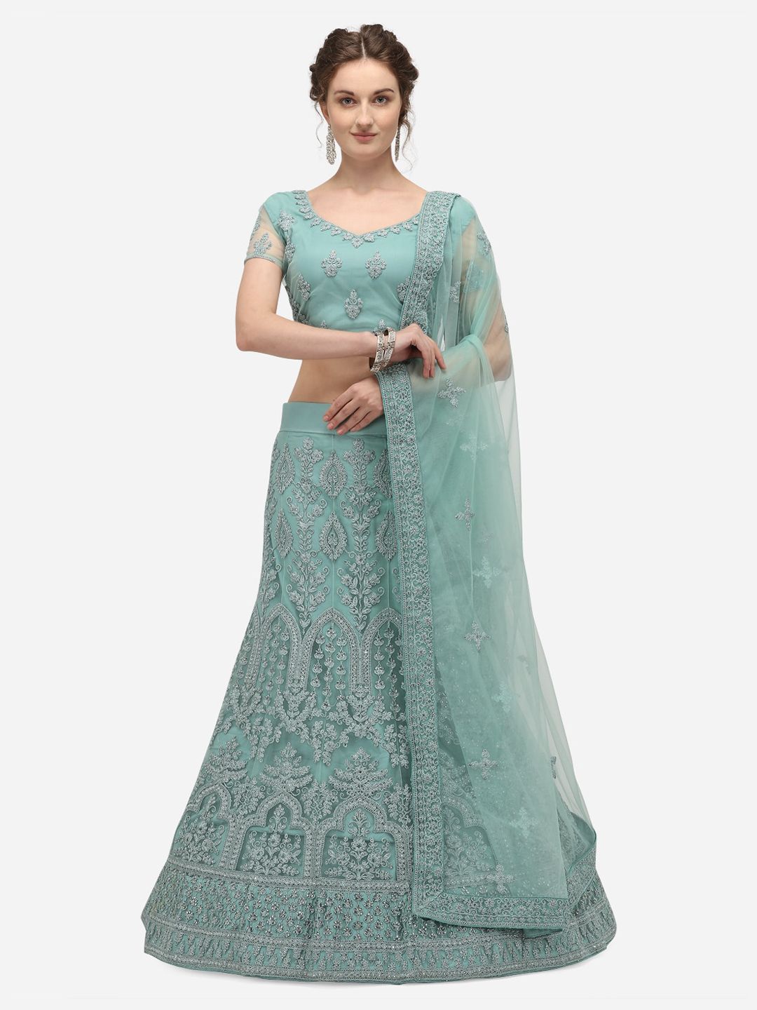 Netram Sea Green & Grey Embroidered Unstitched Lehenga & Blouse with Dupatta Price in India