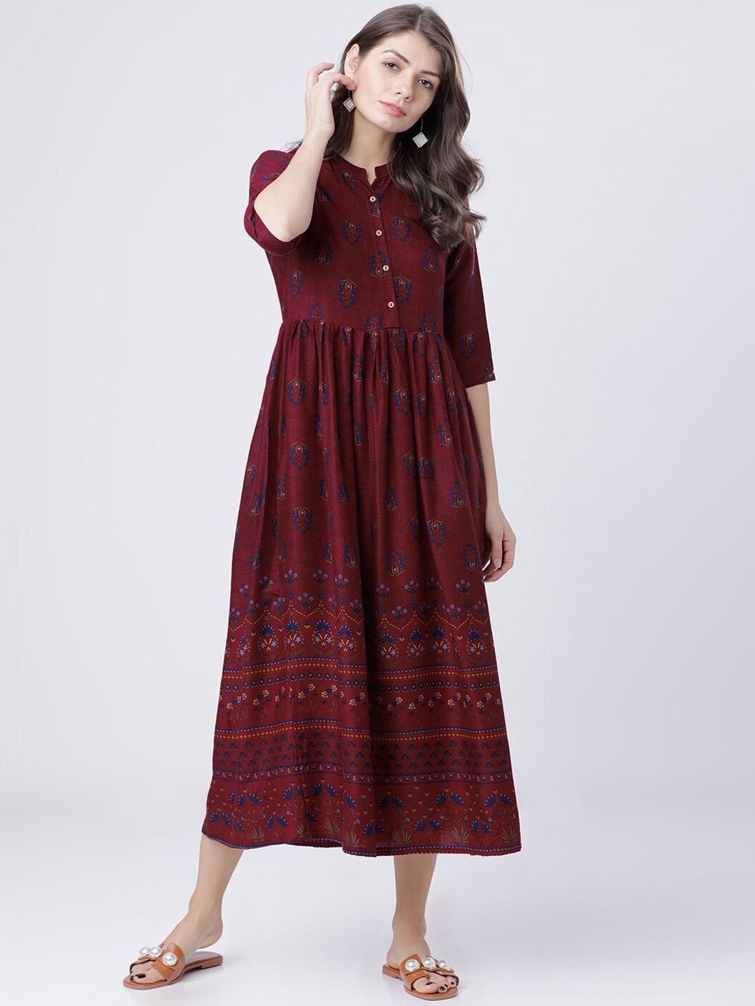 Vishudh Women Burgundy Printed Maxi Dress Price in India
