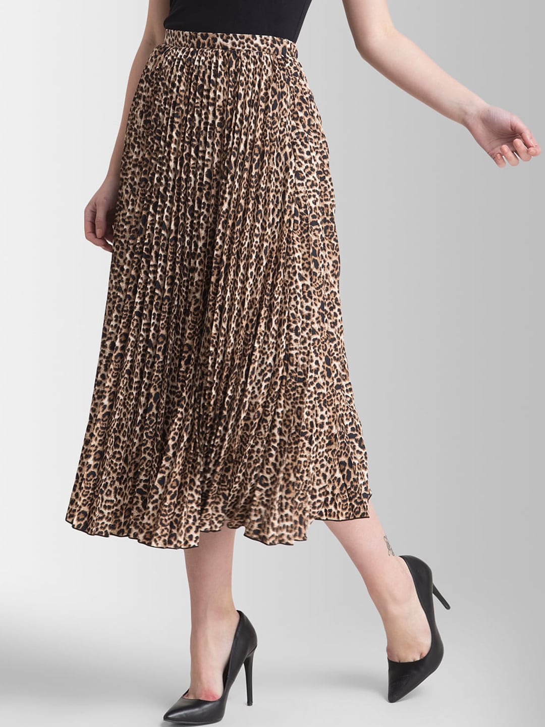 FableStreet Brown & Beige Animal Printed Flared Midi Skirt Price in India