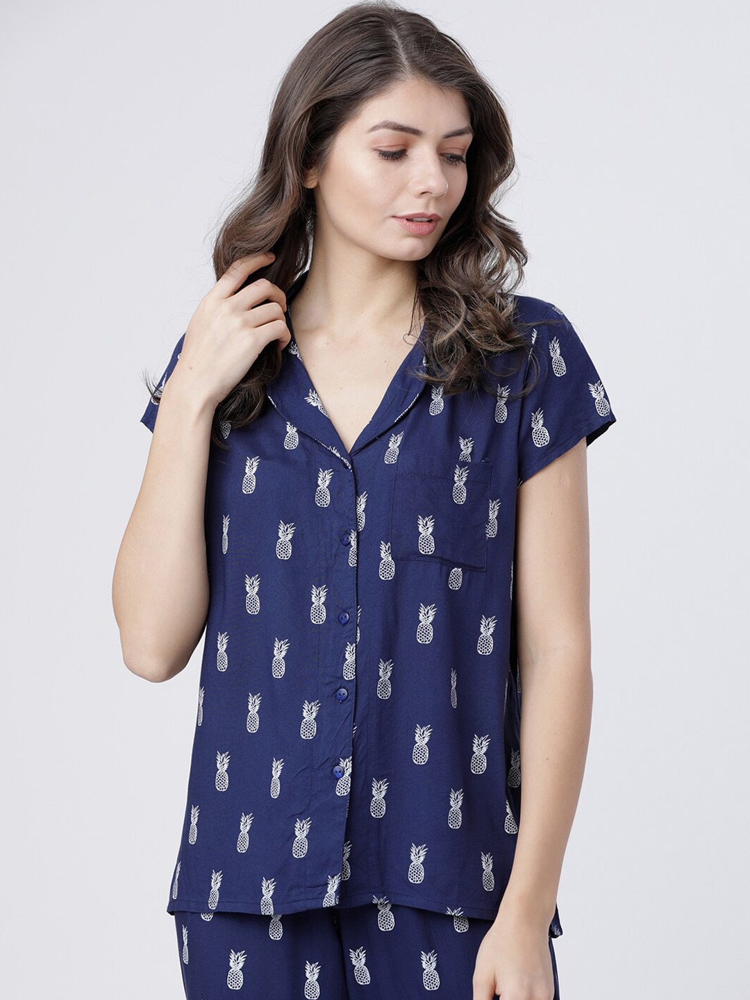 Tokyo Talkies Women Navy Blue Regular Fit Printed Sleep Shirt Price in India