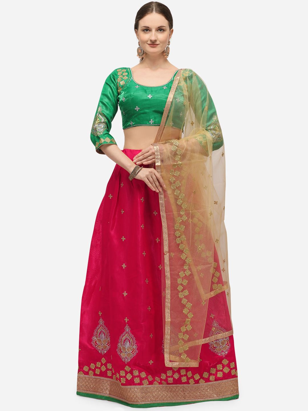 SAADHVI Pink & Green Embroidered Semi-Stitched Lehenga & Unstitched Blouse with Dupatta