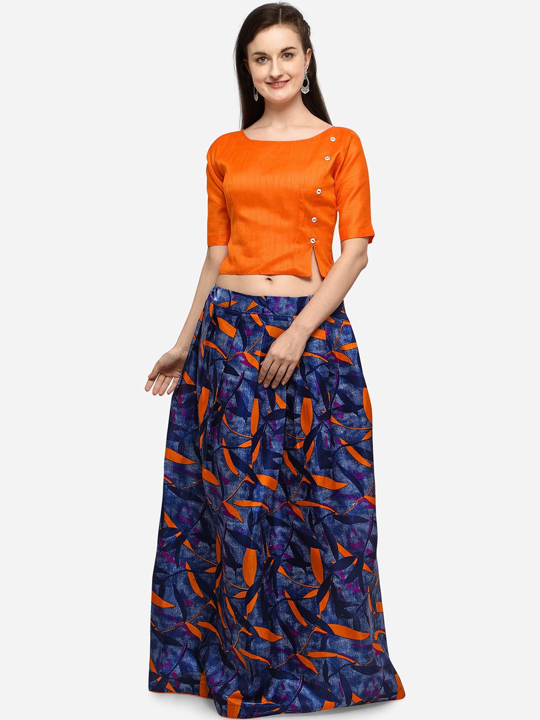 SAADHVI Orange Printed Semi-Stitched Lehenga with Blouse Price in India