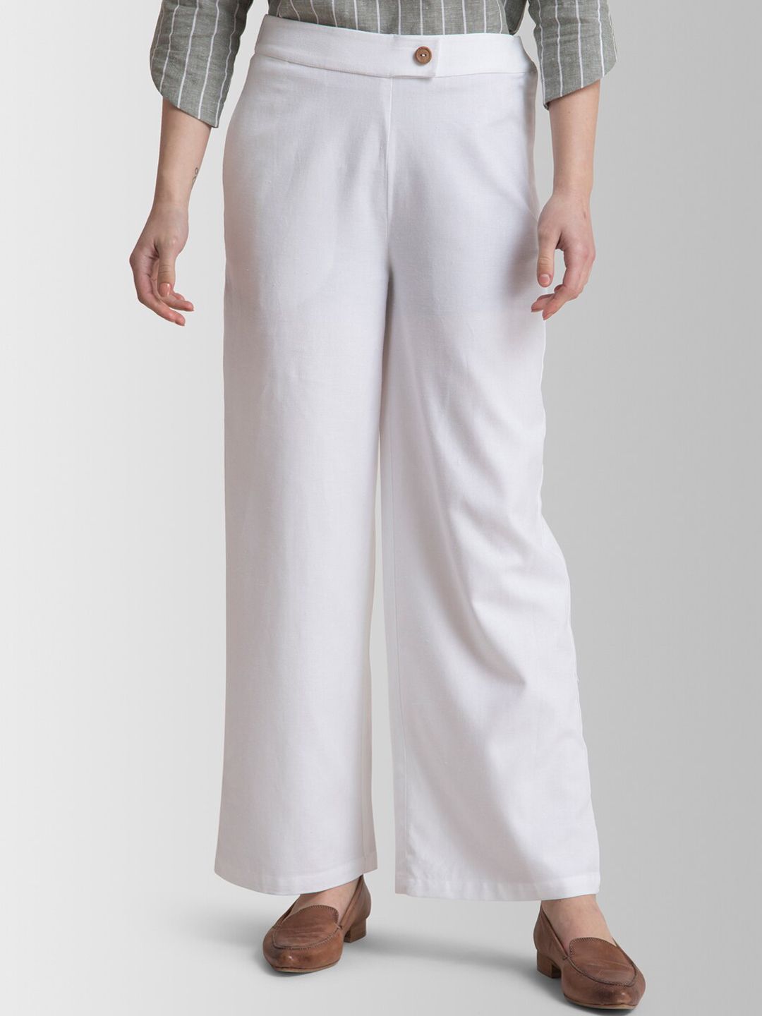 FableStreet Women White Flared Solid Parallel Trousers Price in India