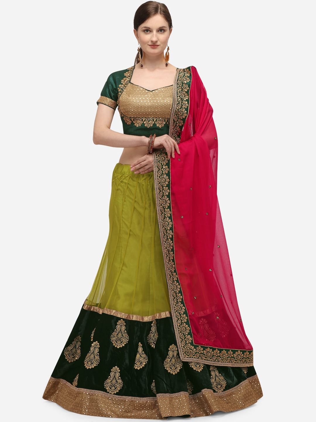 NAKKASHI Green & Pink Embroidered Semi-Stitched Lehenga & Unstitched Blouse with Dupatta