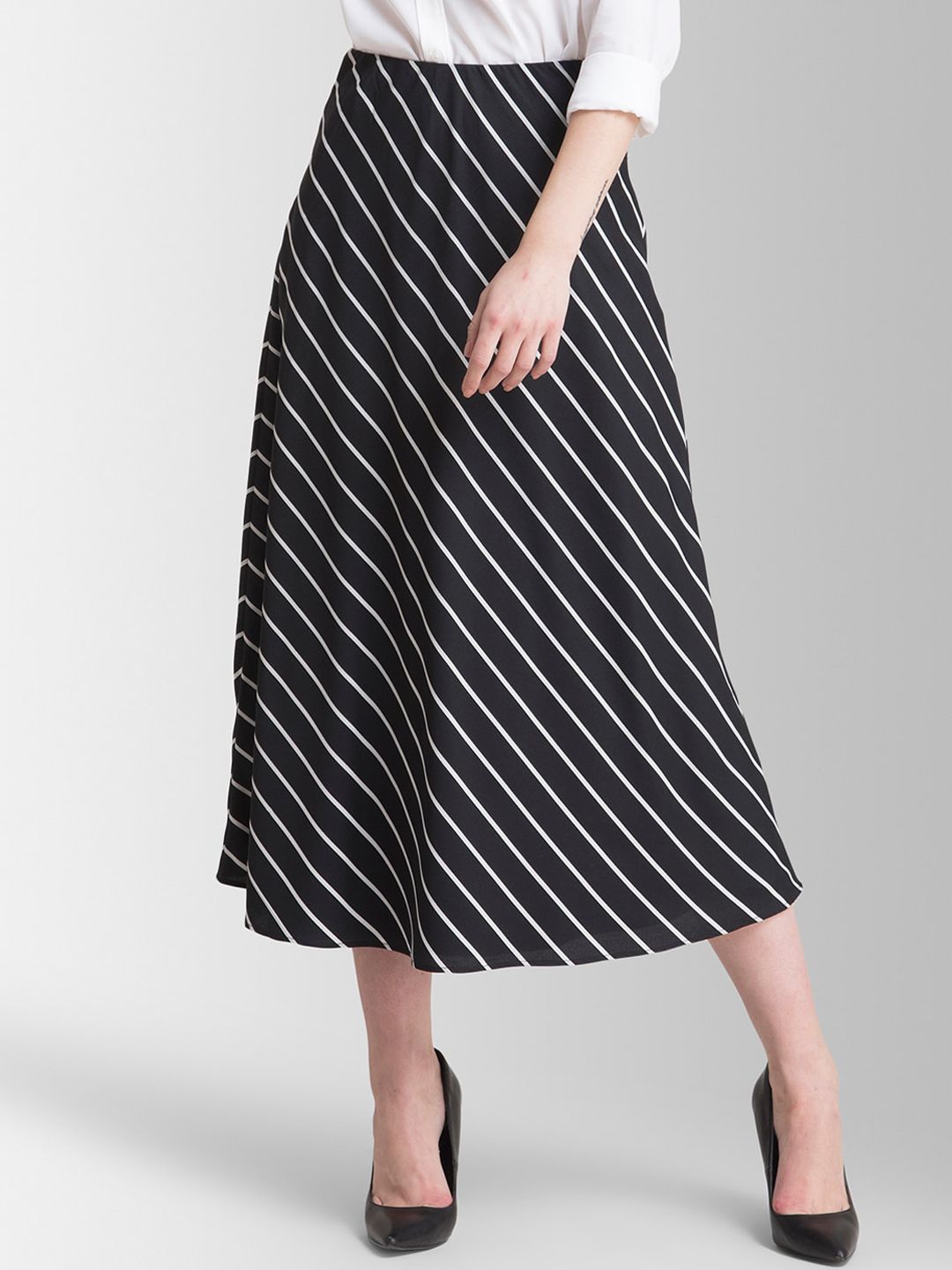 FableStreet Black & White Striped A-Line Midi Skirt Price in India