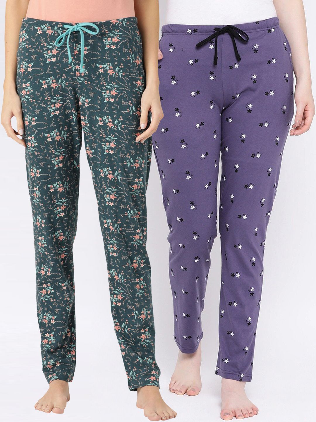 Kanvin Women Pack of 2 Green & Purple Printed Lounge Pants Price in India