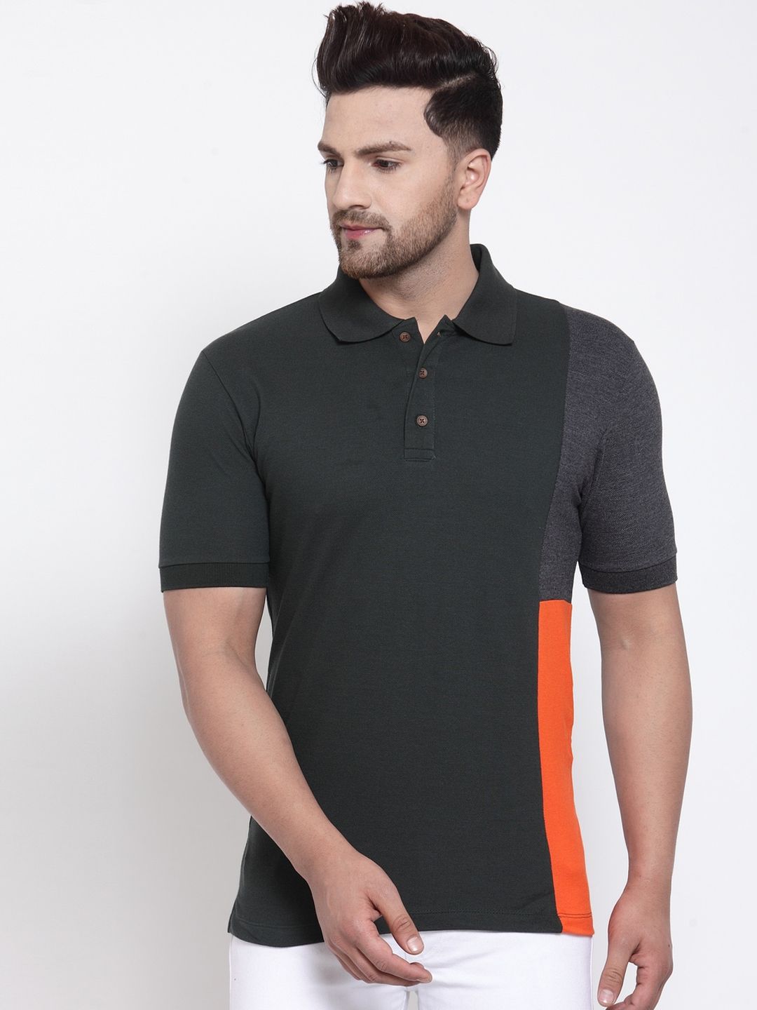 Kalt Men Green Colourblocked Polo Collar T-shirt