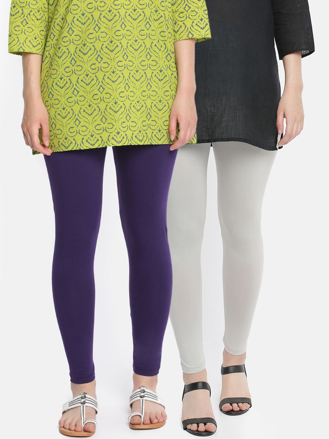 Dollar Missy Women Pack Of 2 Grey & Purple Solid Ankle-Length Slim-Fit Leggings Price in India