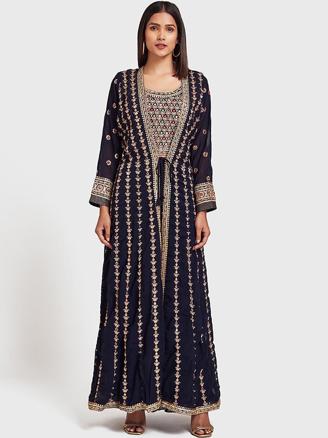 Neerus Women Navy Blue & Gold-Coloured Embellished Top with Palazzos & Shrug