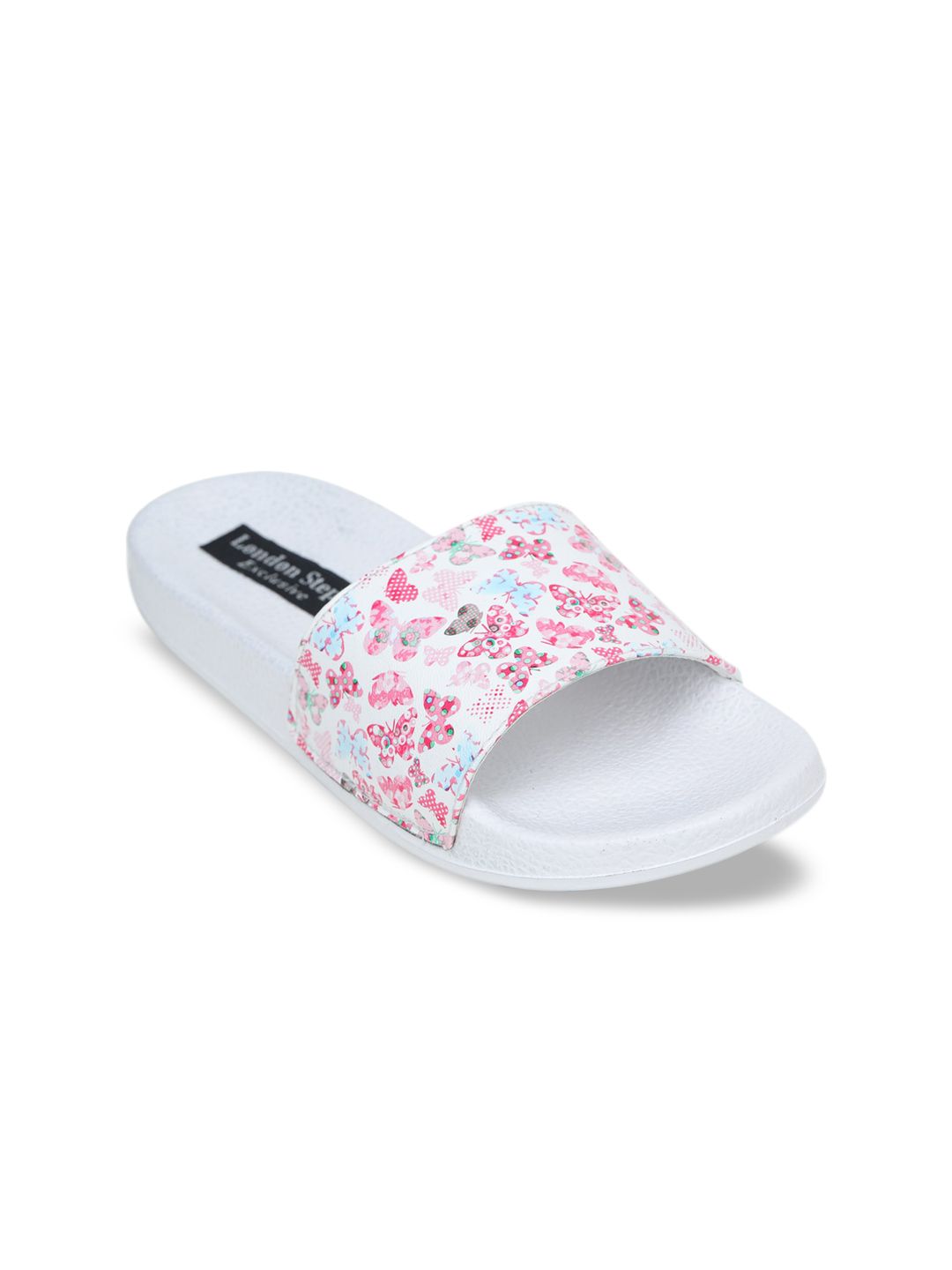 LONDON STEPS Women Pink & White Printed Sliders Price in India