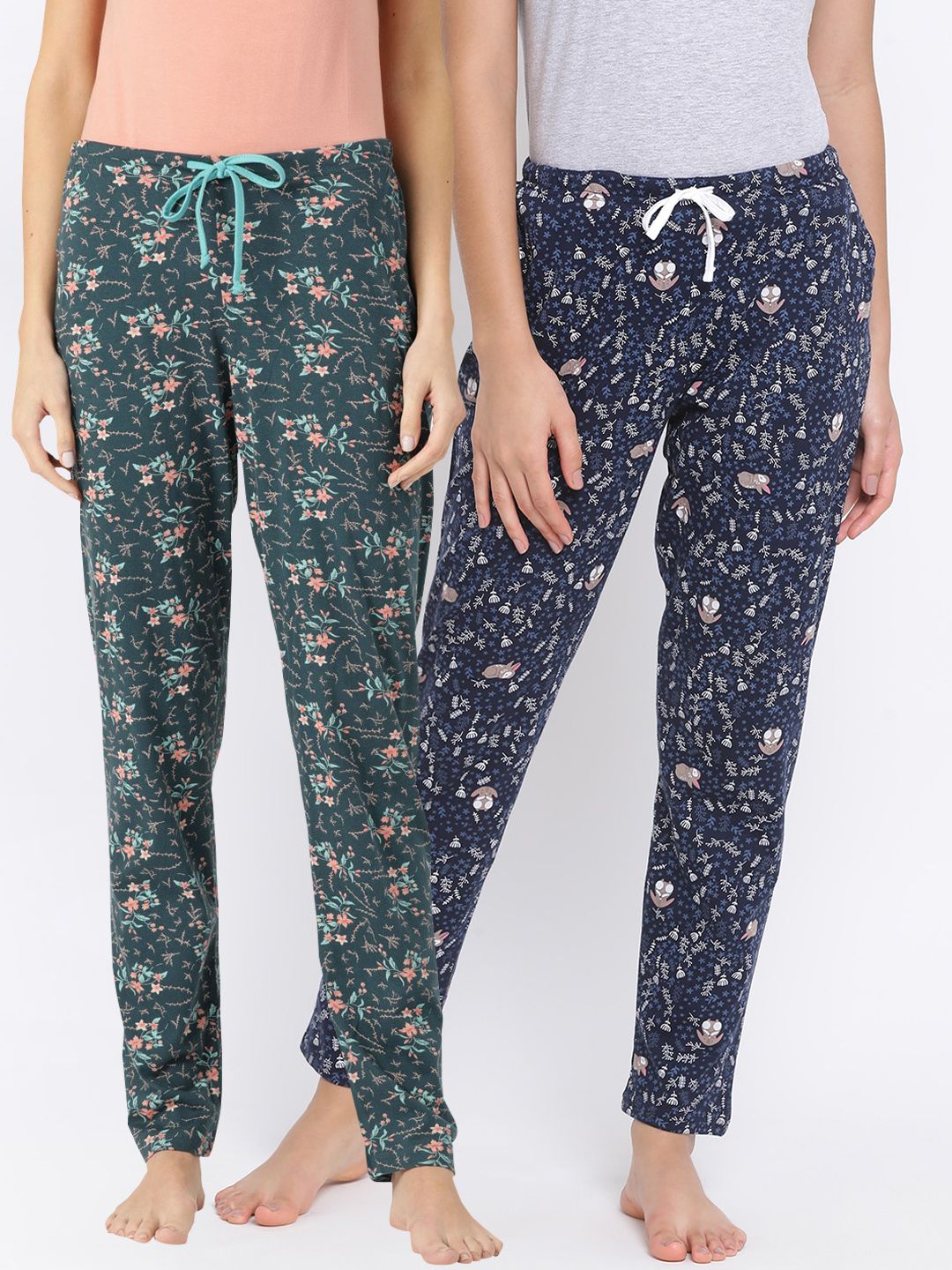 Kanvin Women Green & Navy Blue Pack Of 2 Printed Cotton Lounge Pants Price in India