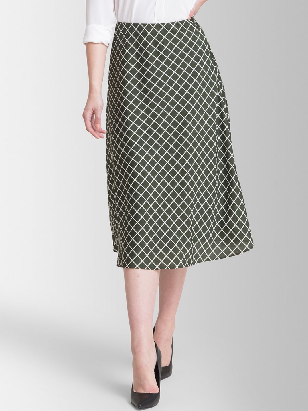 FableStreet Women Olive Green & White Checked A-Line Midi Skirt