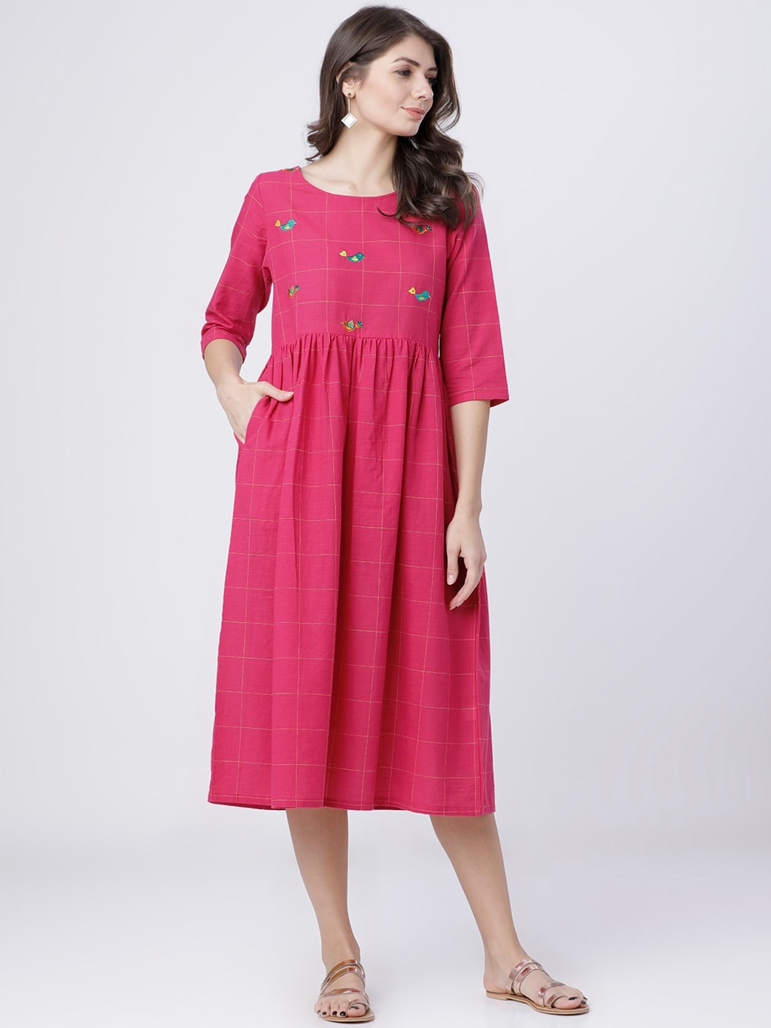 Vishudh Women Pink Checked Fit and Flare Dress Price in India