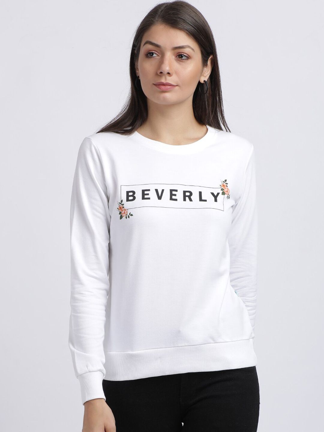 BEVERLY BLUES Women White & Black Printed Sweatshirt Price in India