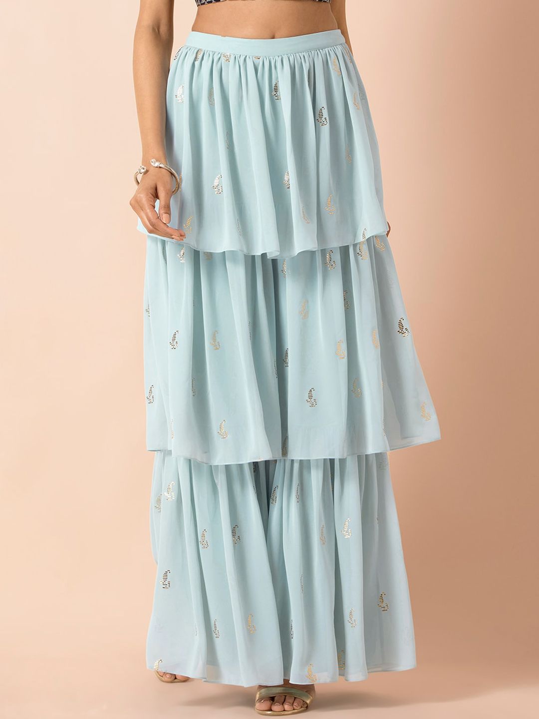 INDYA X PAYAL SINGHAL Women Blue & Silver-Toned Printed Tiered Ruffled Sharara Price in India