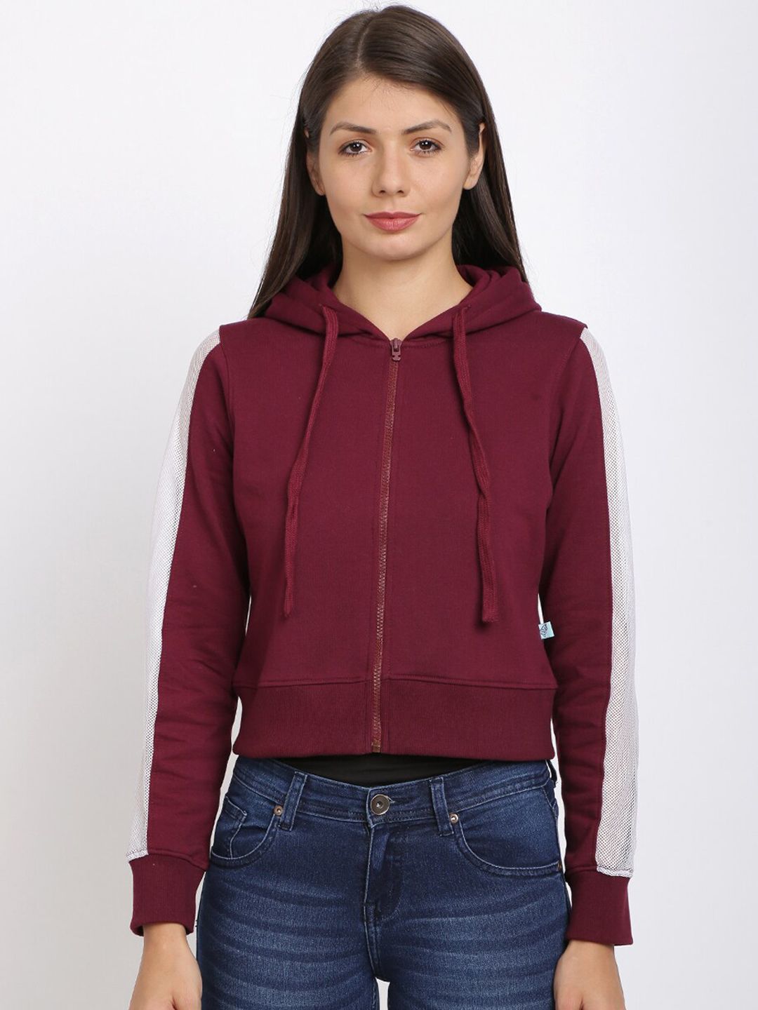 BEVERLY BLUES Women Maroon Colourblocked Crop Hooded Sweatshirt Price in India