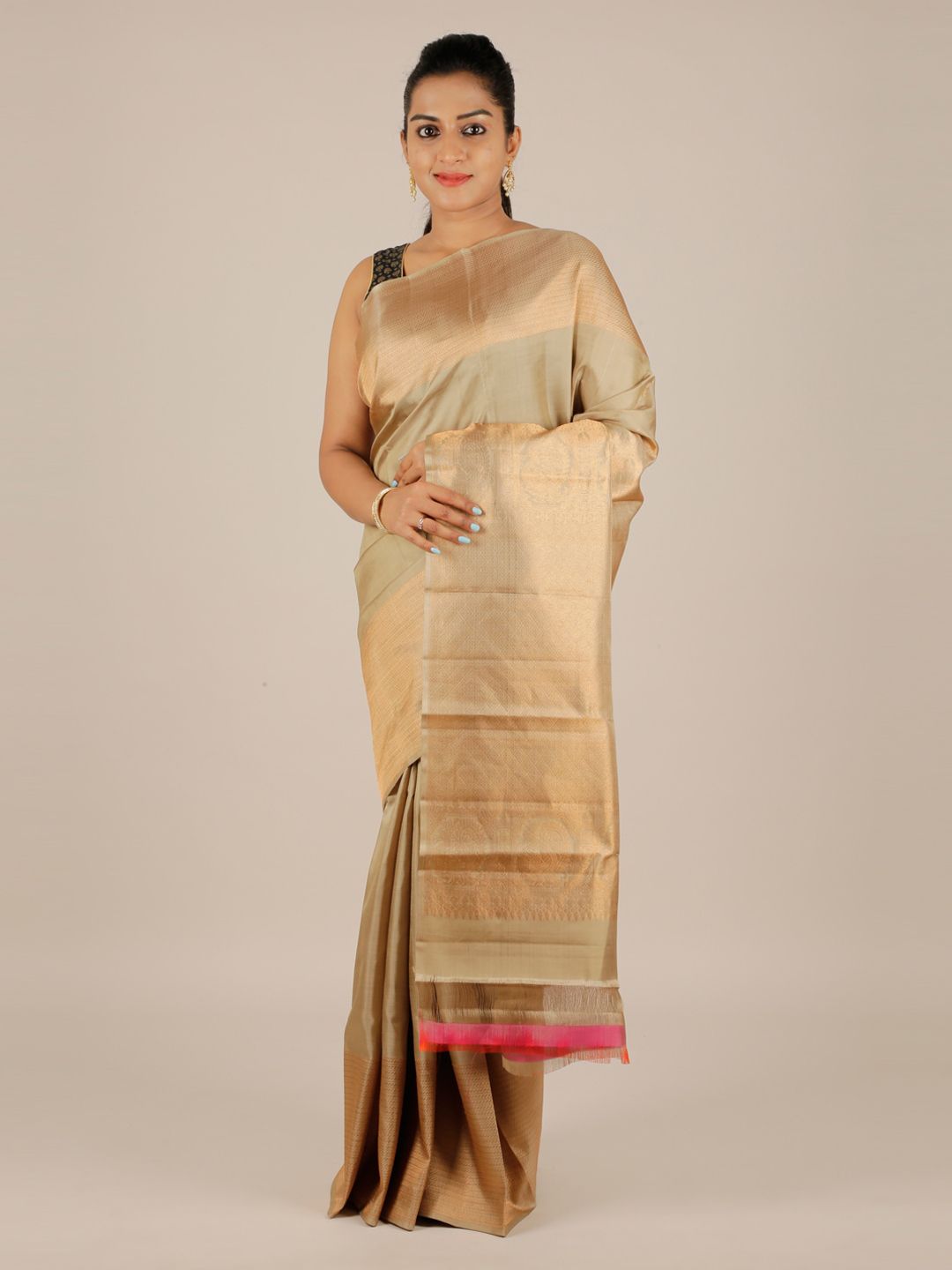 Pothys Cream-Coloured Pure Silk Woven Design Kanjeevaram Saree