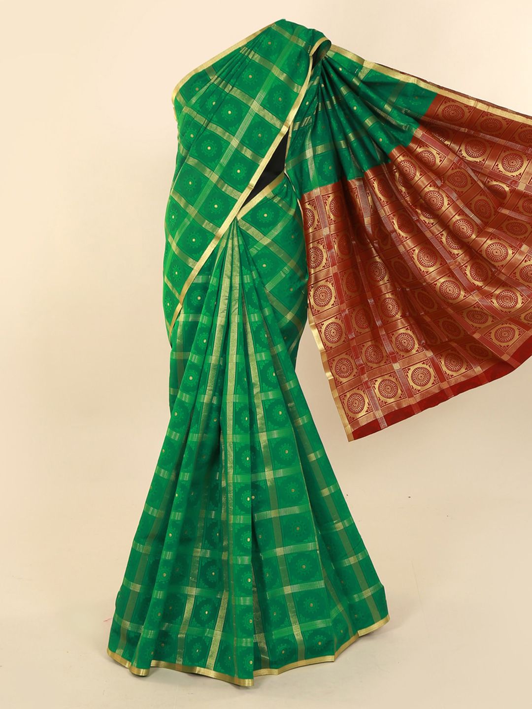 Pothys Green & Gold-Toned Art Silk Checked Saree