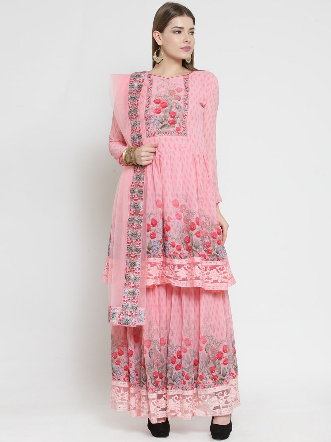 DIVASTRI Pink & Grey Poly Georgette Semi-Stitched Dress Material Price in India
