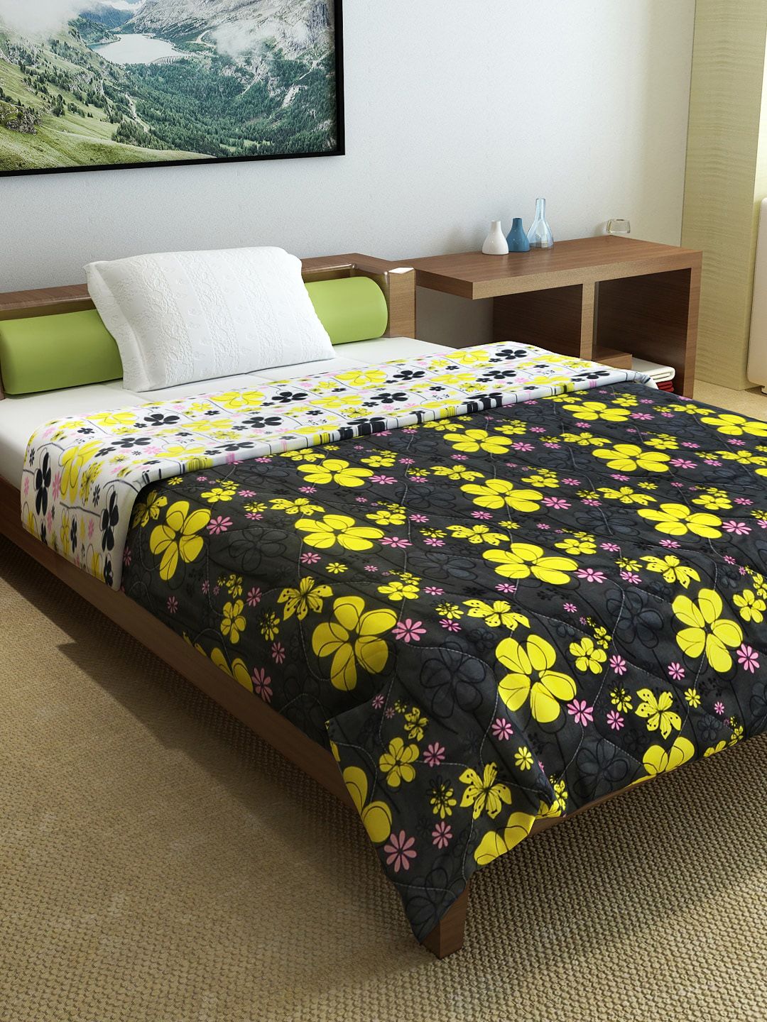 Divine Casa Grey & Yellow Floral Mild Winter 120 GSM Single Bed Comforter Price in India