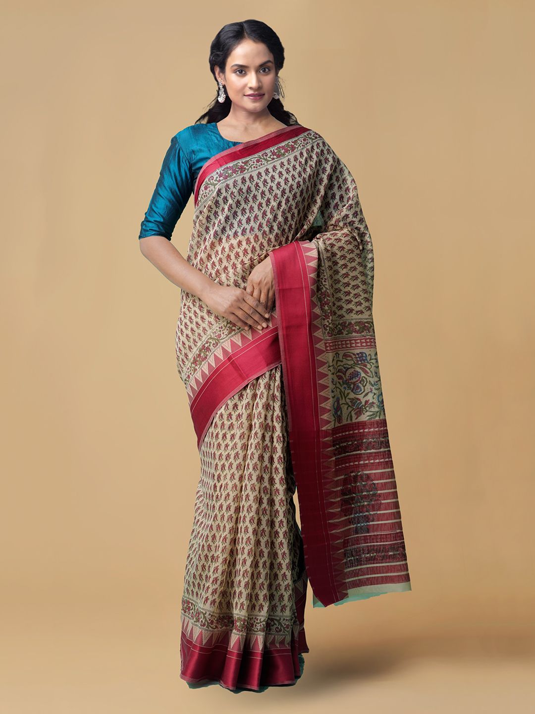 Unnati Silks Beige & Red Silk Cotton Printed Handloom Chanderi Saree