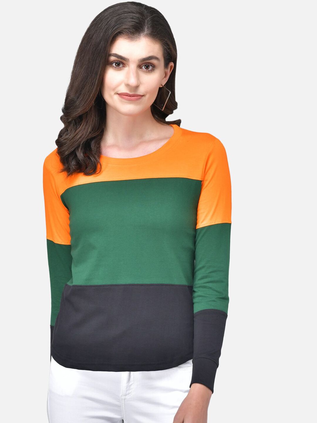 The Dry State Women Orange Colourblocked Round Neck T-shirt