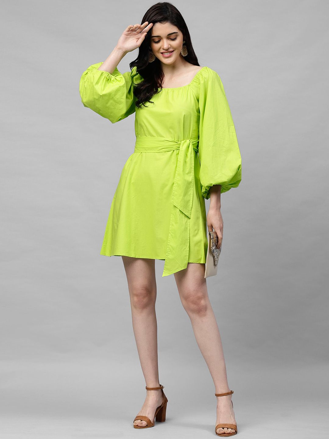 Athena Lime Green Cotton A-Line Dress Price in India