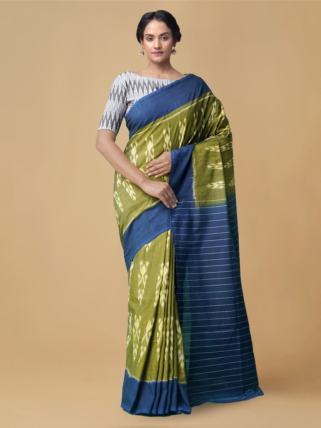 Unnati Silks Green & Blue Pure Cotton Printed Pochampally Saree