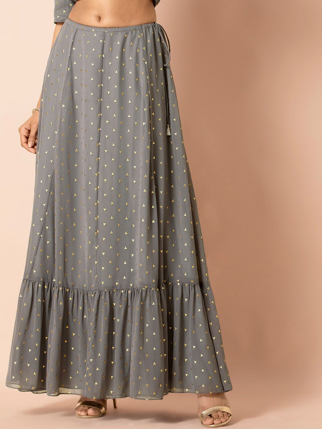 INDYA X Payal Singhal Women Grey & Gold-Colored Printed Flared Maxi Skirt